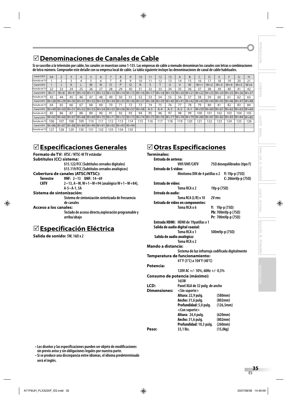 Especificaciones generales, Especificación eléctrica, 5otras especificaciones | Denominaciones de canales de cable 5 | FUNAI FLX3220F User Manual | Page 71 / 72