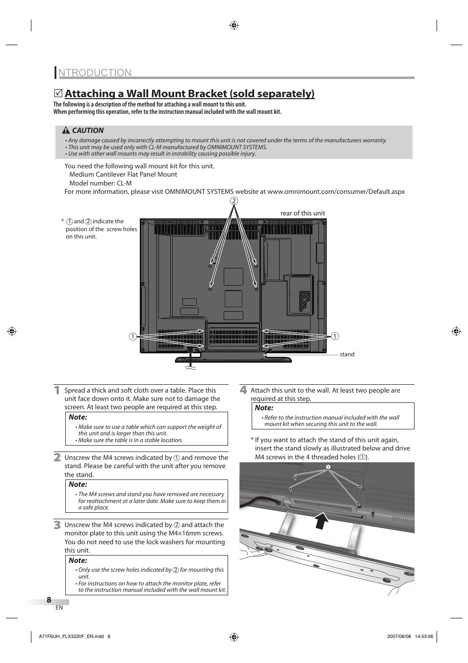 Ntroduction, Attaching a wall mount bracket (sold separately) | FUNAI FLX3220F User Manual | Page 8 / 72