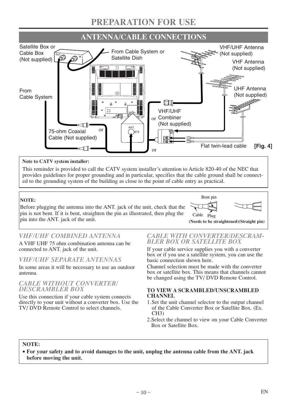 Preparation for use, Antenna/cable connections, Vhf/uhf combined antenna | Vhf/uhf separate antennas, Cable without converter/ descrambler box | FUNAI MWC13D5 A User Manual | Page 10 / 40