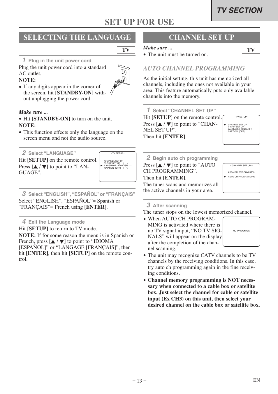 Set up for use, Selecting the language, Channel set up | Auto channel programming | FUNAI MWC13D5 A User Manual | Page 13 / 40