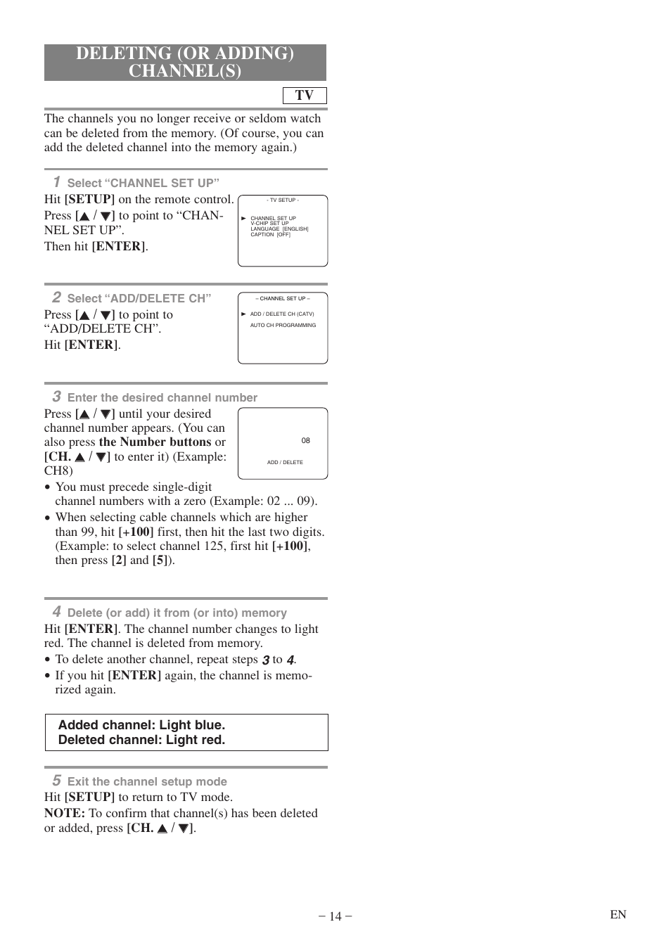 Deleting (or adding) channel(s) | FUNAI MWC13D5 A User Manual | Page 14 / 40