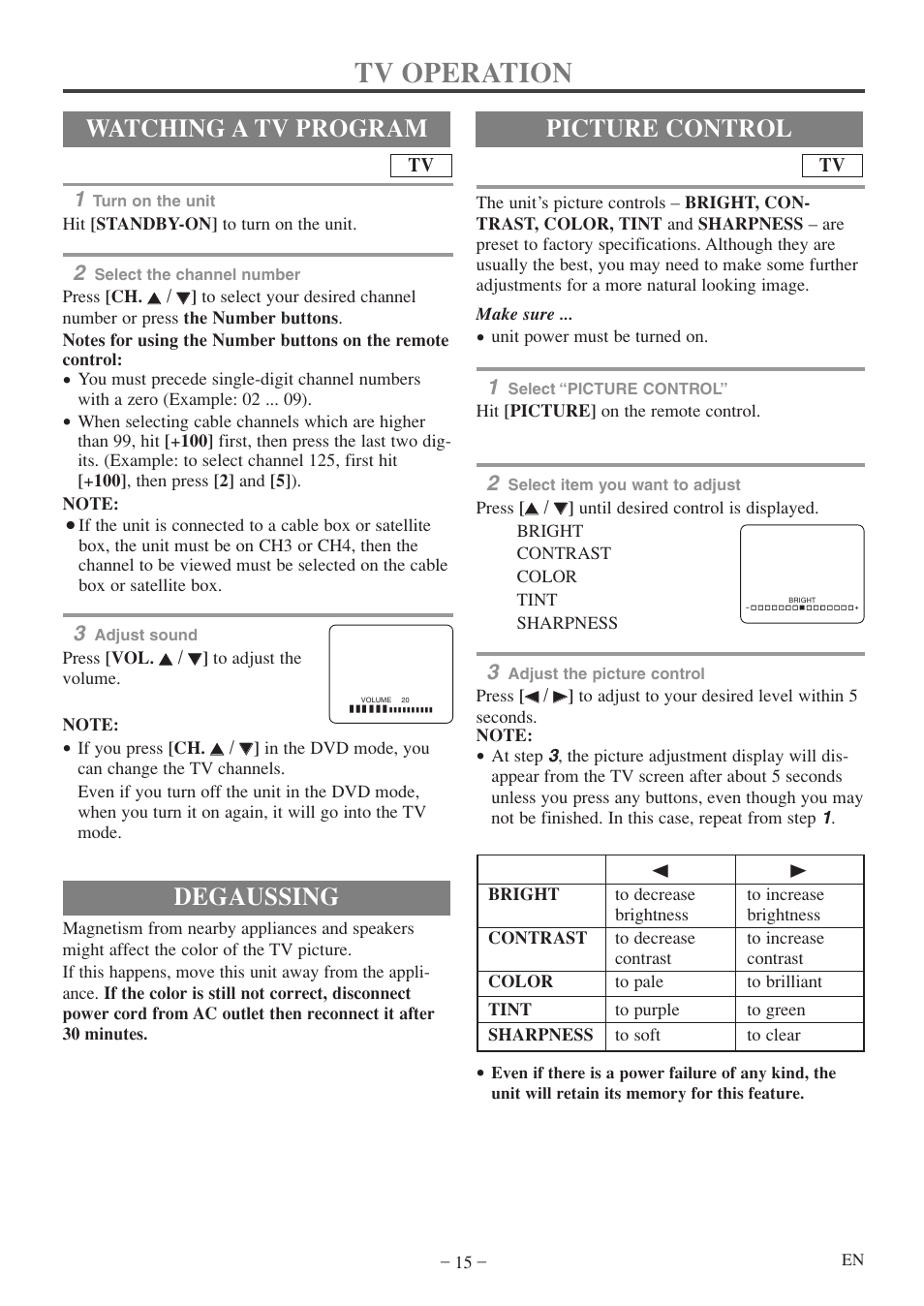 Tv operation, Degaussing, Watching a tv program | Picture control | FUNAI MWC13D5 A User Manual | Page 15 / 40