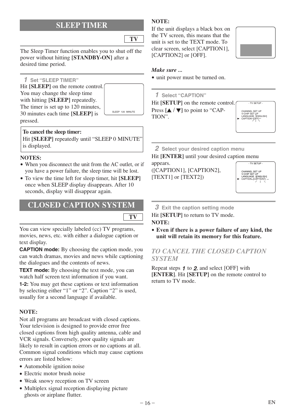 Closed caption system, Sleep timer | FUNAI MWC13D5 A User Manual | Page 16 / 40