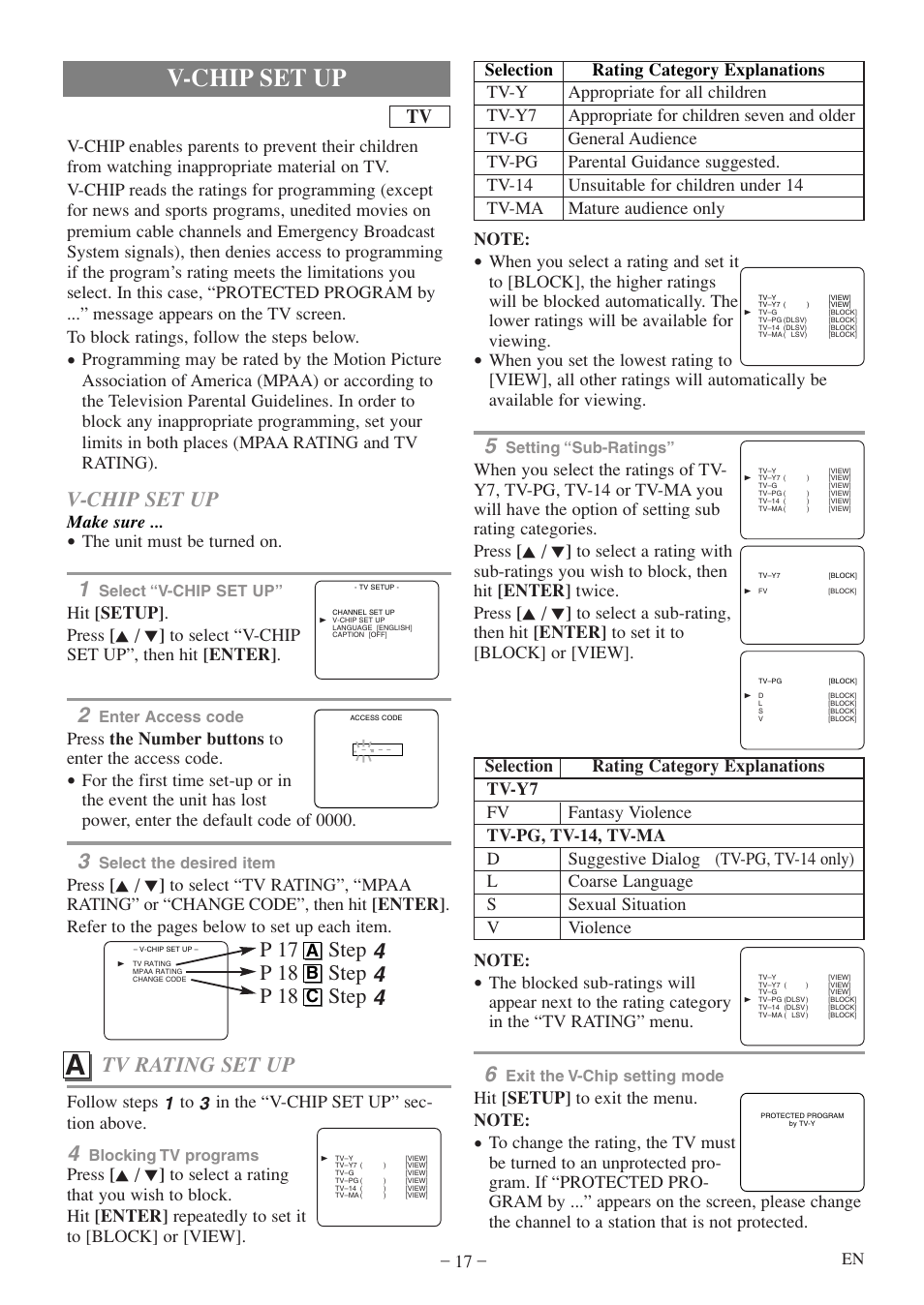 V-chip set up, Tv rating set up, Make sure | The unit must be turned on, Press the number buttons to enter the access code, A b c | FUNAI MWC13D5 A User Manual | Page 17 / 40