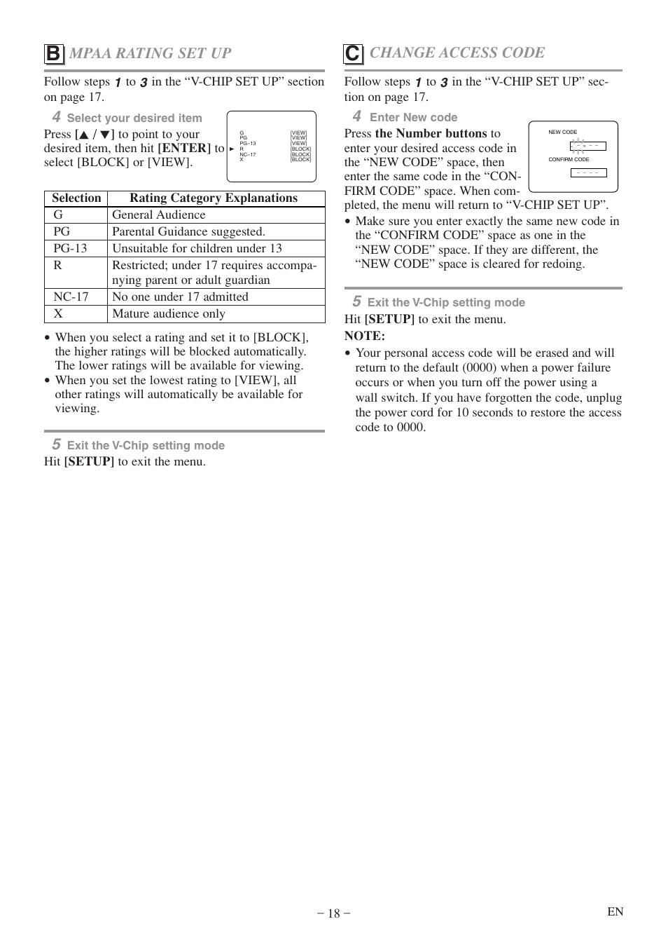 Mpaa rating set up, Change access code | FUNAI MWC13D5 A User Manual | Page 18 / 40