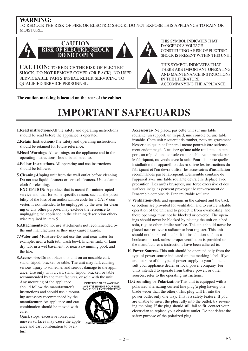 Important safeguards, Warning, Caution | Caution risk of electric shock do not open | FUNAI MWC13D5 A User Manual | Page 2 / 40