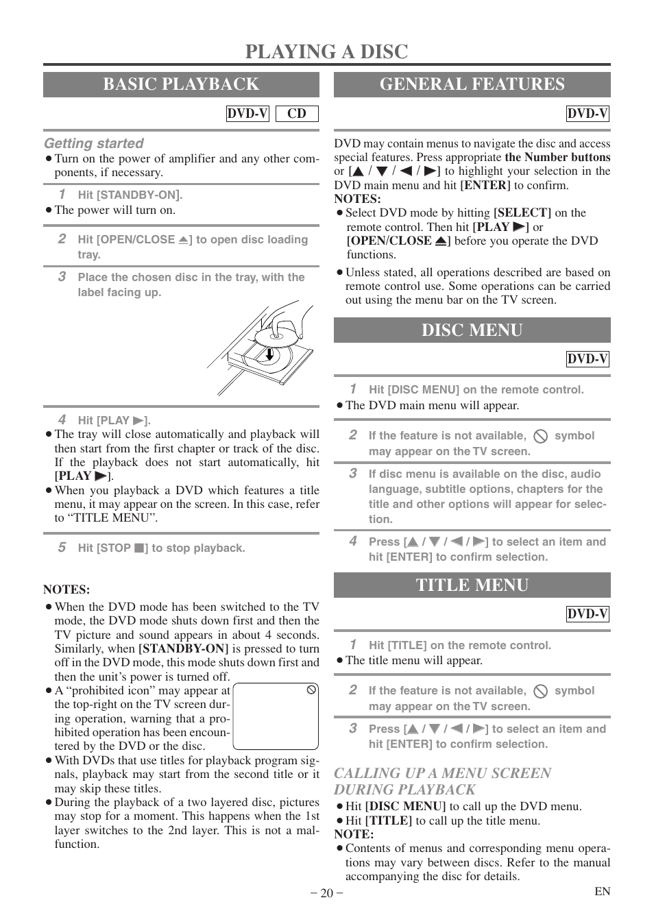 Playing a disc, Basic playback, General features | Title menu, Disc menu, Calling up a menu screen during playback | FUNAI MWC13D5 A User Manual | Page 20 / 40