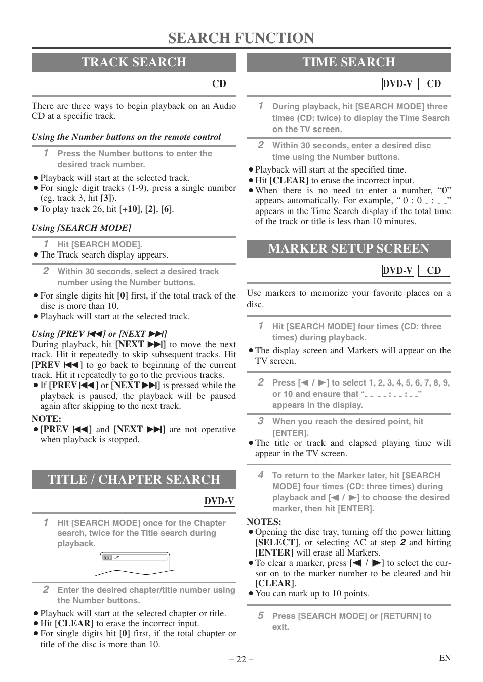 Search function, Track search, Title / chapter search | Time search, Marker setup screen | FUNAI MWC13D5 A User Manual | Page 22 / 40
