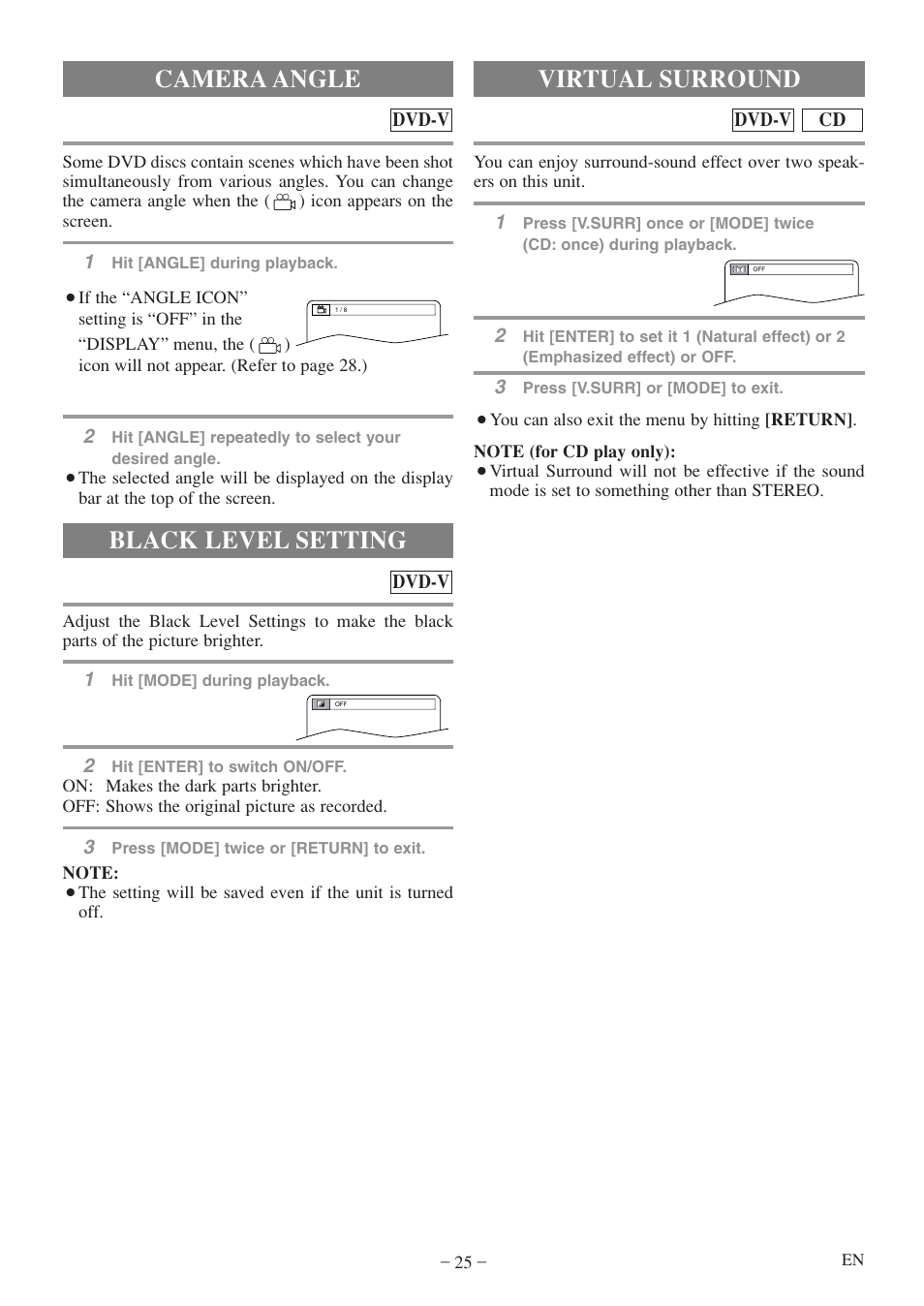 Camera angle, Black level setting, Virtual surround | FUNAI MWC13D5 A User Manual | Page 25 / 40