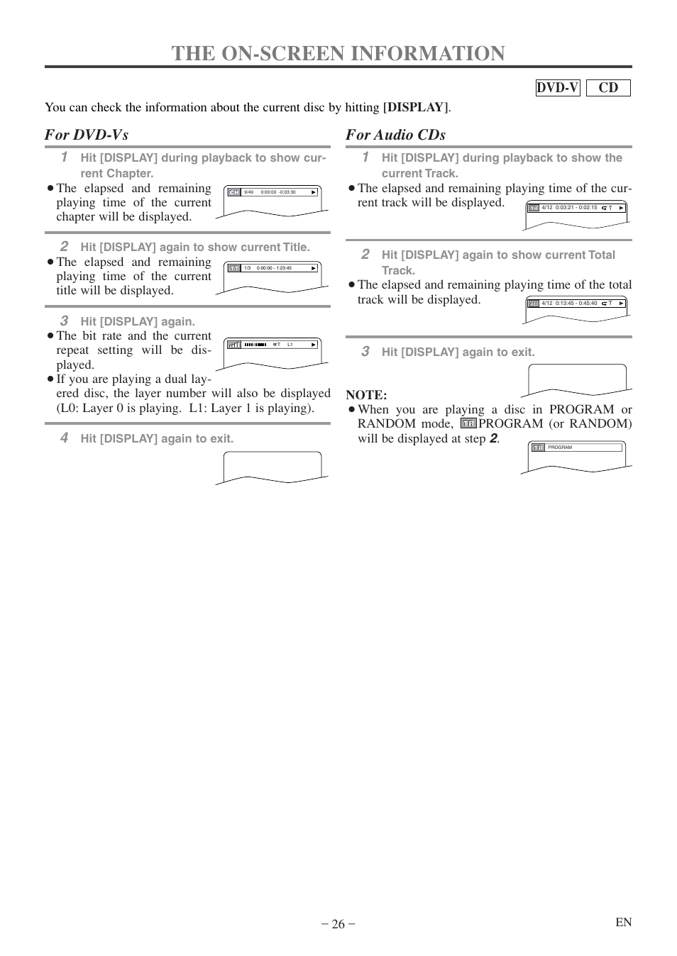 The on-screen information, For dvd-vs, For audio cds | Cd dvd-v | FUNAI MWC13D5 A User Manual | Page 26 / 40