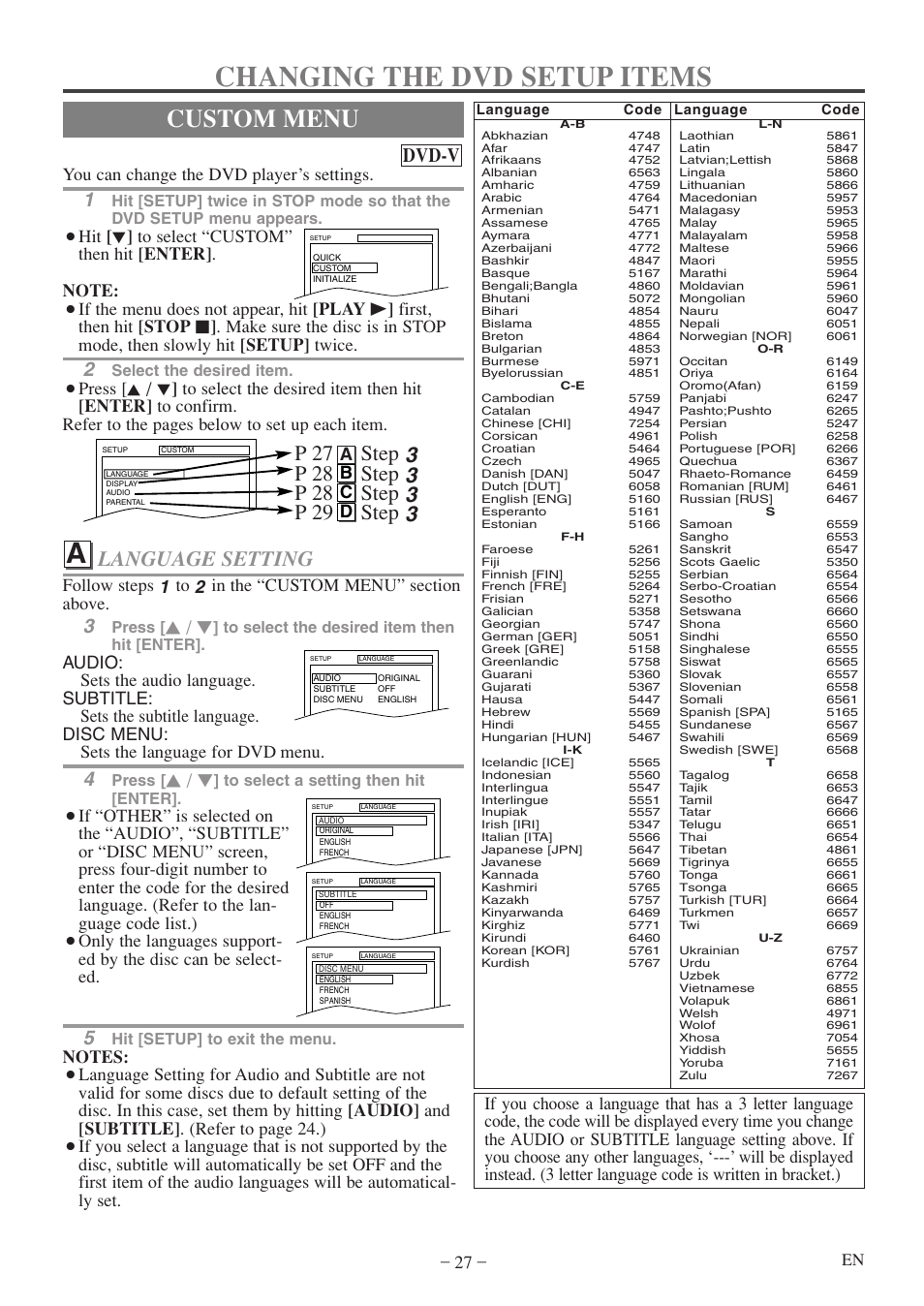 Changing the dvd setup items, Custom menu, Language setting | Dvd-v, You can change the dvd player’s settings, Ab c d, Select the desired item, Press, Hit [setup] to exit the menu | FUNAI MWC13D5 A User Manual | Page 27 / 40