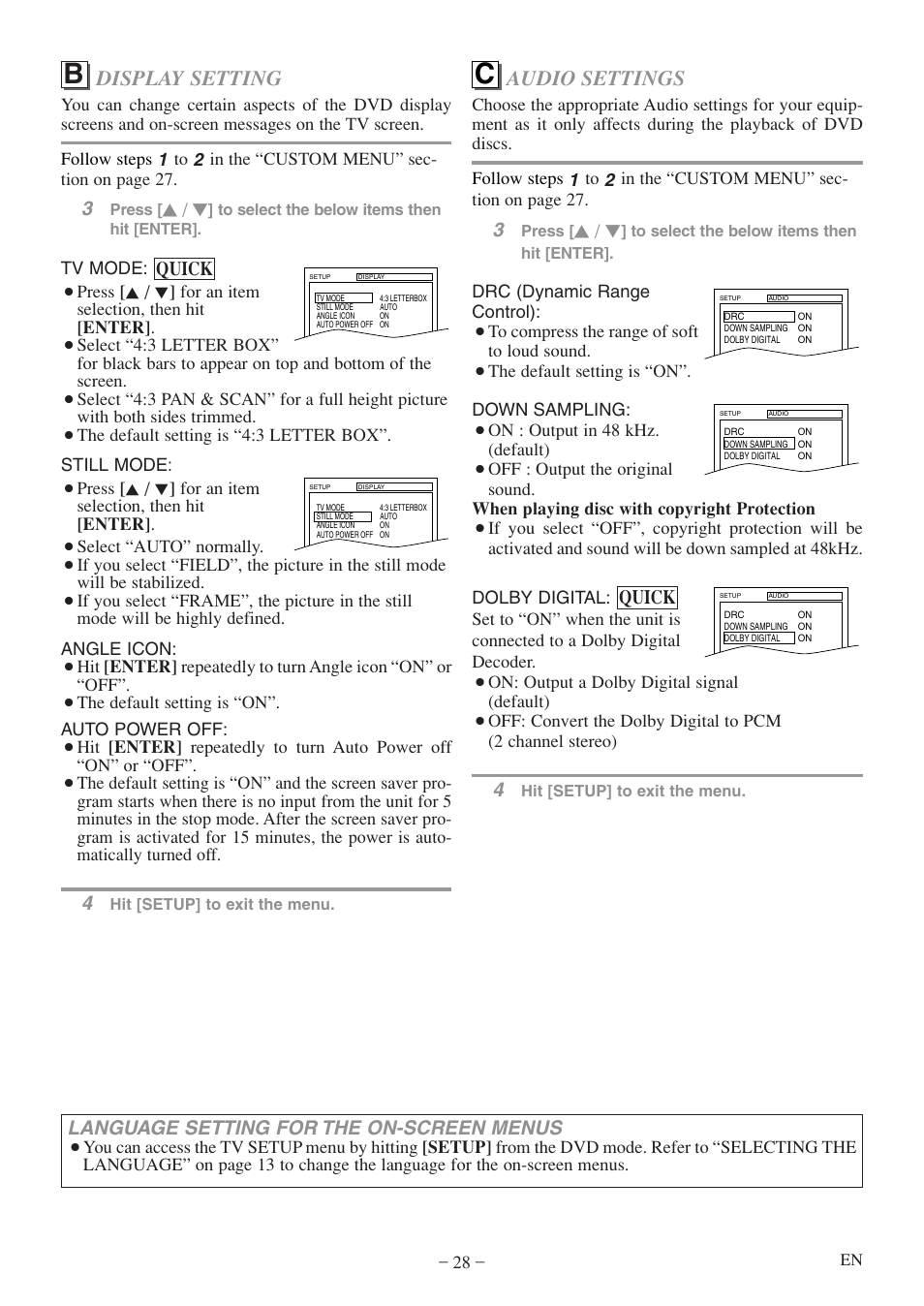 Audio settings, Display setting, Quick | Language setting for the on-screen menus | FUNAI MWC13D5 A User Manual | Page 28 / 40