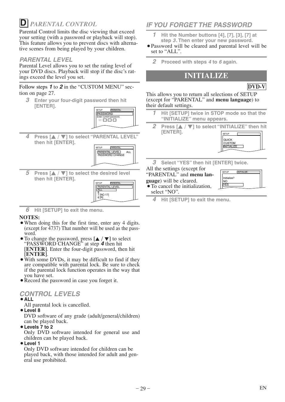 Initialize, Control levels, Parental control | If you forget the password, Parental level, Dvd-v | FUNAI MWC13D5 A User Manual | Page 29 / 40