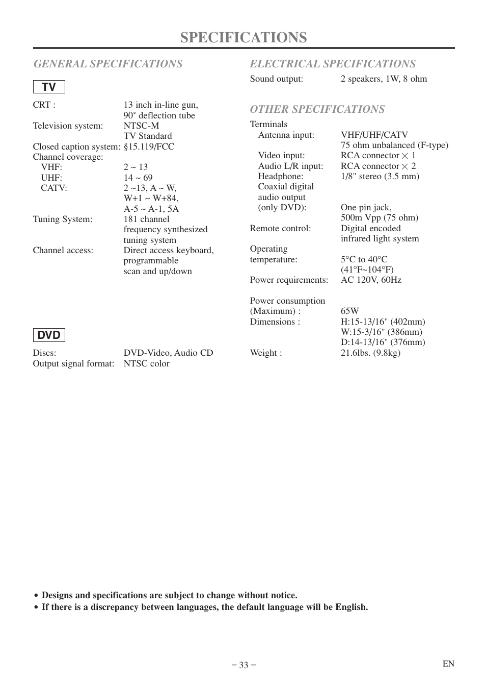Specifications, Other specifications | FUNAI MWC13D5 A User Manual | Page 33 / 40