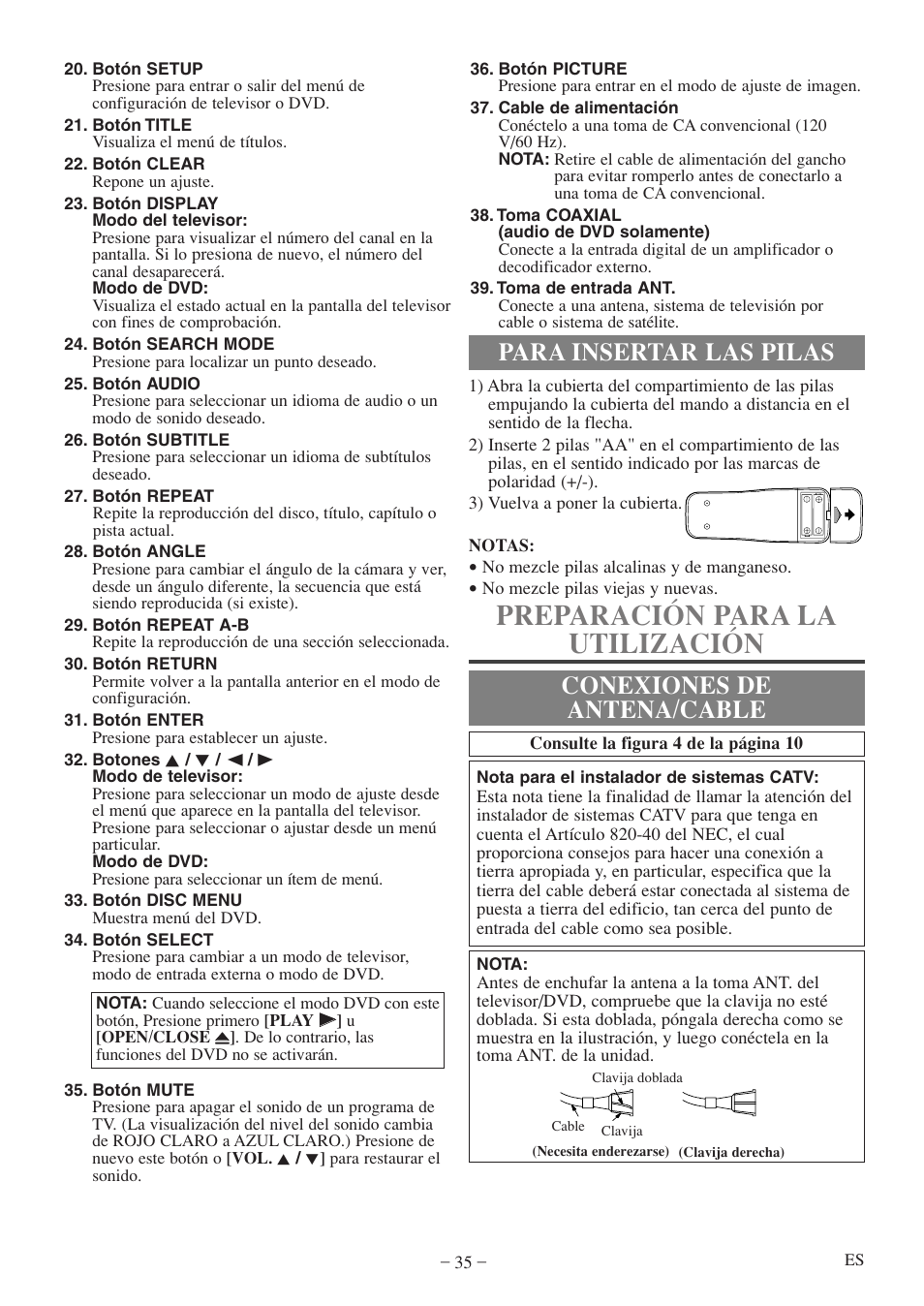Preparación para la utilización, Para insertar las pilas conexiones de antena/cable | FUNAI MWC13D5 A User Manual | Page 35 / 40