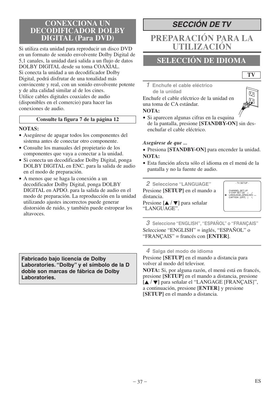 Preparación para la utilización, Selección de idioma sección de tv | FUNAI MWC13D5 A User Manual | Page 37 / 40