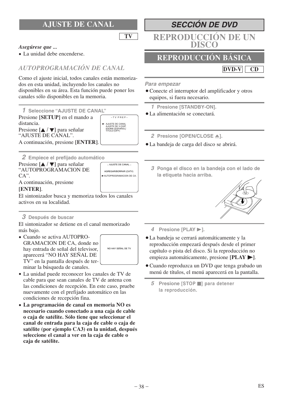 Reproducción de un disco, Ajuste de canal reproducción básica, Sección de dvd | Autoprogramación de canal | FUNAI MWC13D5 A User Manual | Page 38 / 40