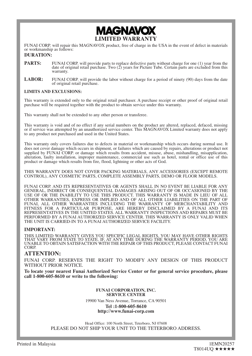 Limited warranty, Attention | FUNAI MWC13D5 A User Manual | Page 40 / 40