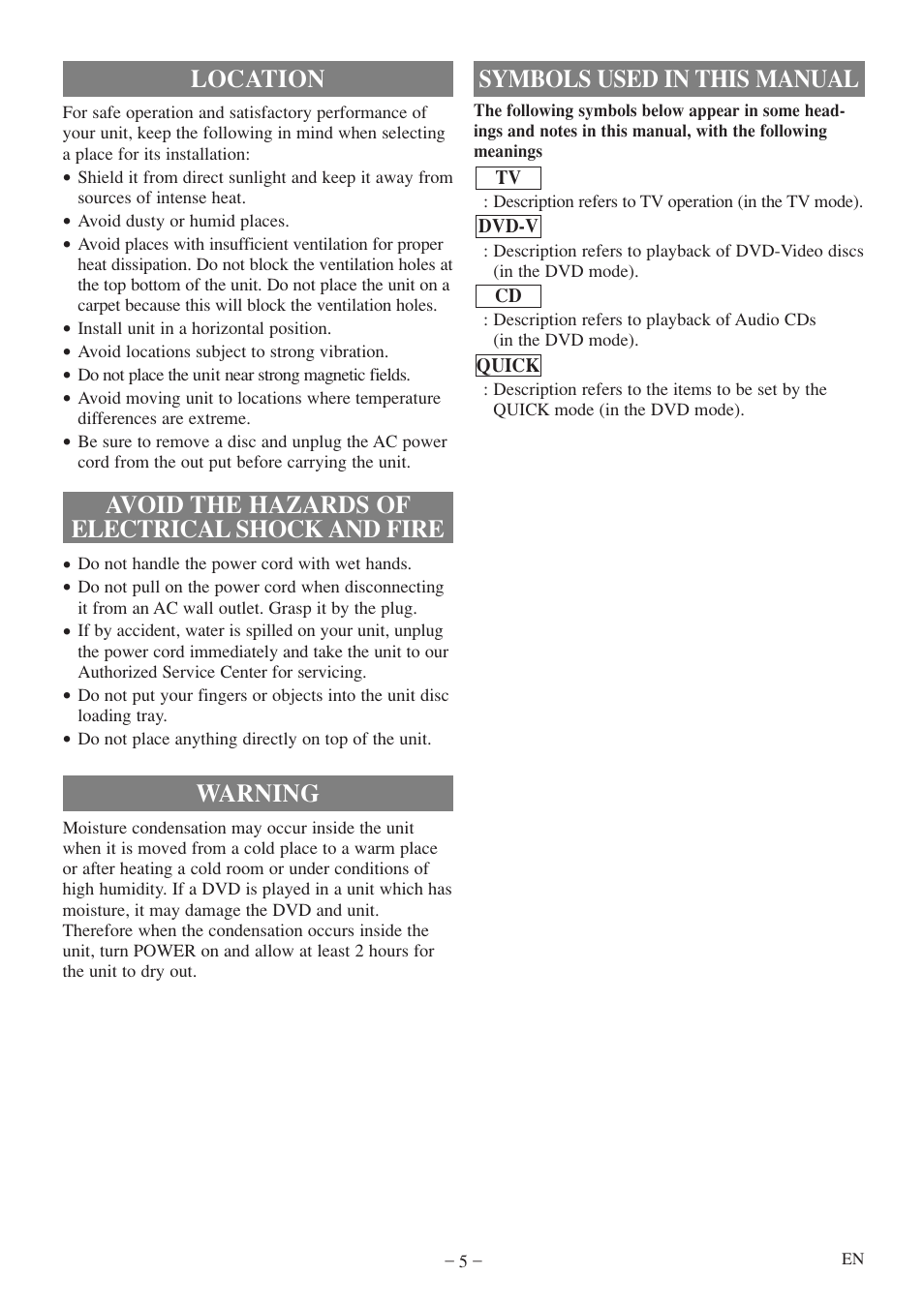 Warning, Symbols used in this manual | FUNAI MWC13D5 A User Manual | Page 5 / 40