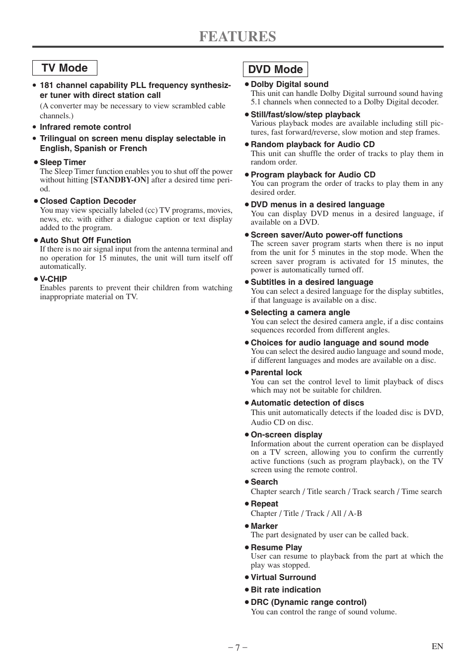 Features, Tv mode dvd mode | FUNAI MWC13D5 A User Manual | Page 7 / 40