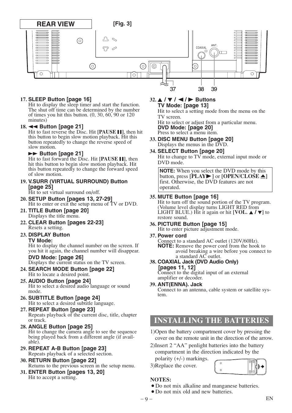 Installing the batteries, Rear view | FUNAI MWC13D5 A User Manual | Page 9 / 40