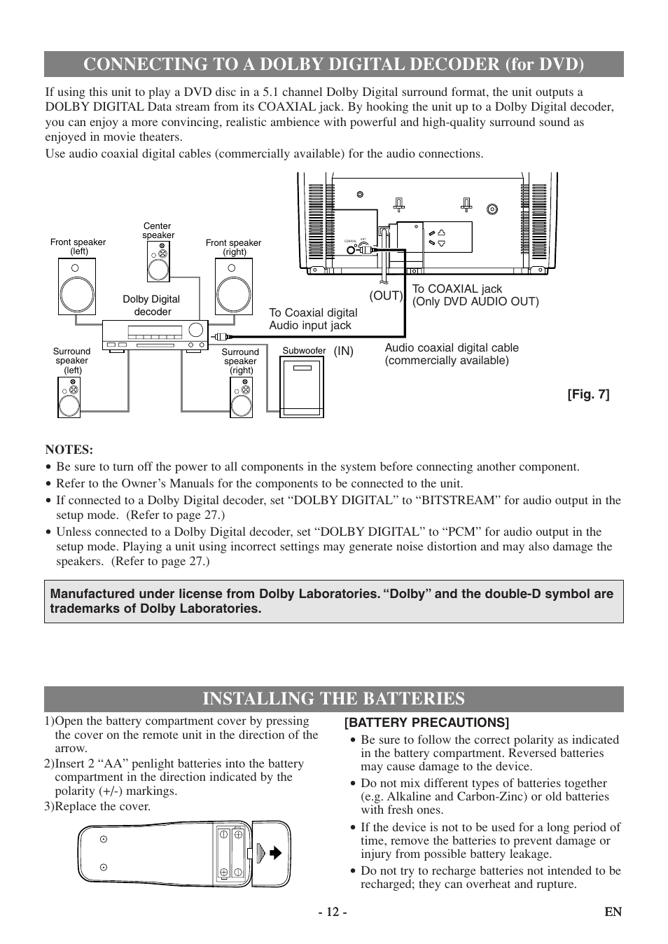 Connecting to a dolby digital decoder (for dvd), Installing the batteries | FUNAI MWC13D5df User Manual | Page 12 / 40