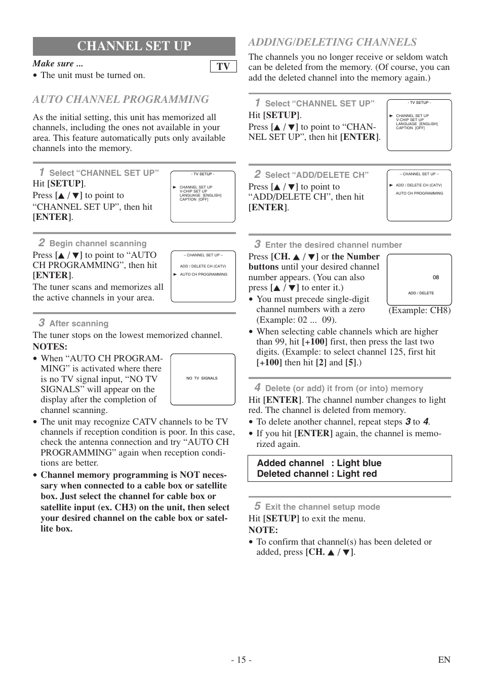 Channel set up, Adding/deleting channels, Auto channel programming | FUNAI MWC13D5df User Manual | Page 15 / 40