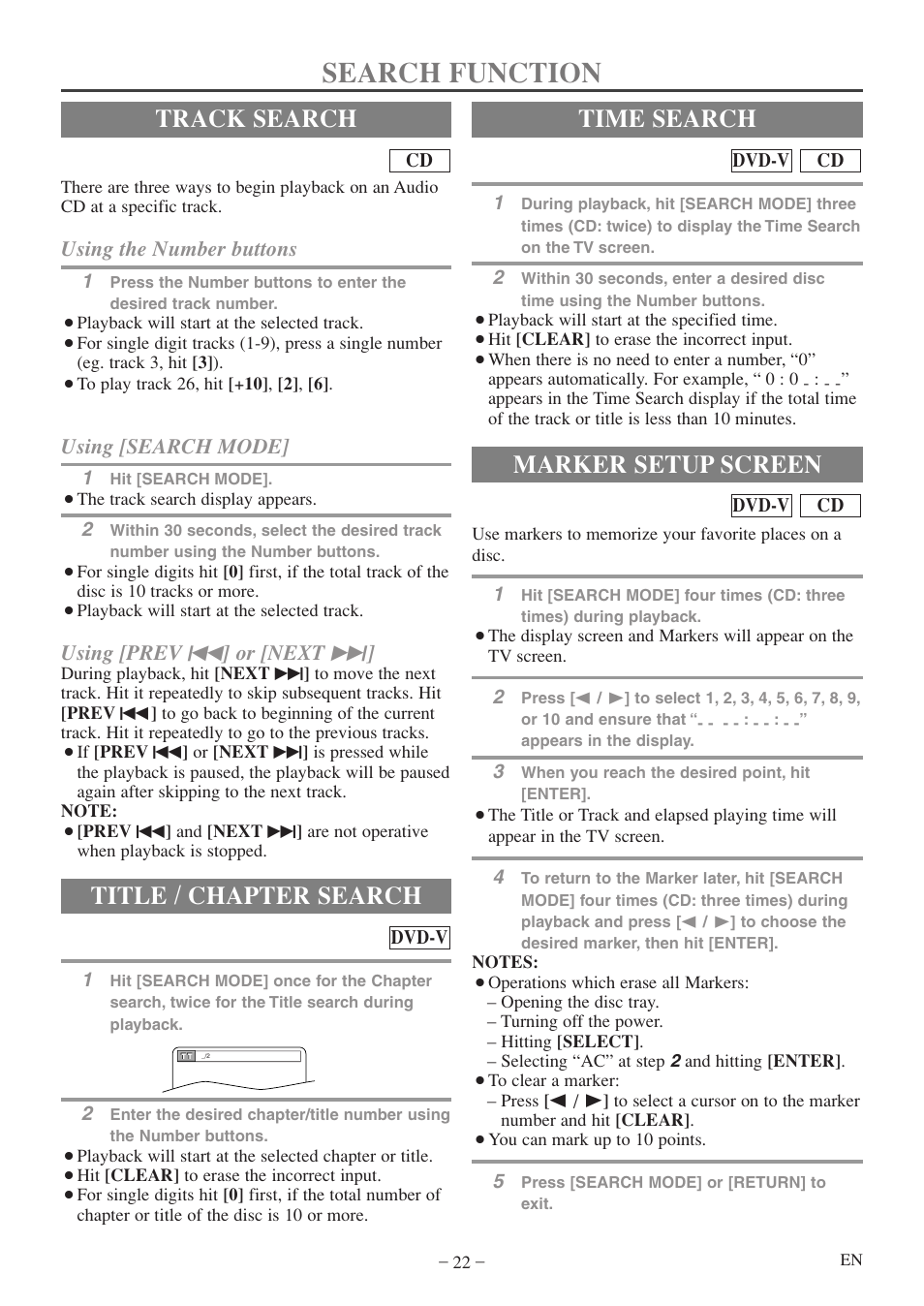 Search function, Track search, Title / chapter search | Time search, Marker setup screen, Using the number buttons, Using [search mode, Using [prev h ] or [next g | FUNAI MWC13D5df User Manual | Page 22 / 40