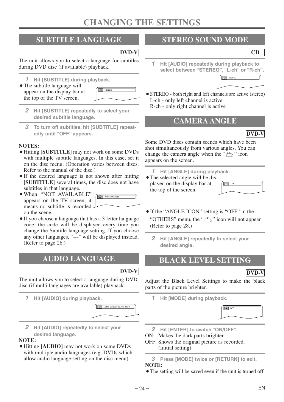 Changing the settings, Audio language, Stereo sound mode | Subtitle language camera angle, Black level setting | FUNAI MWC13D5df User Manual | Page 24 / 40