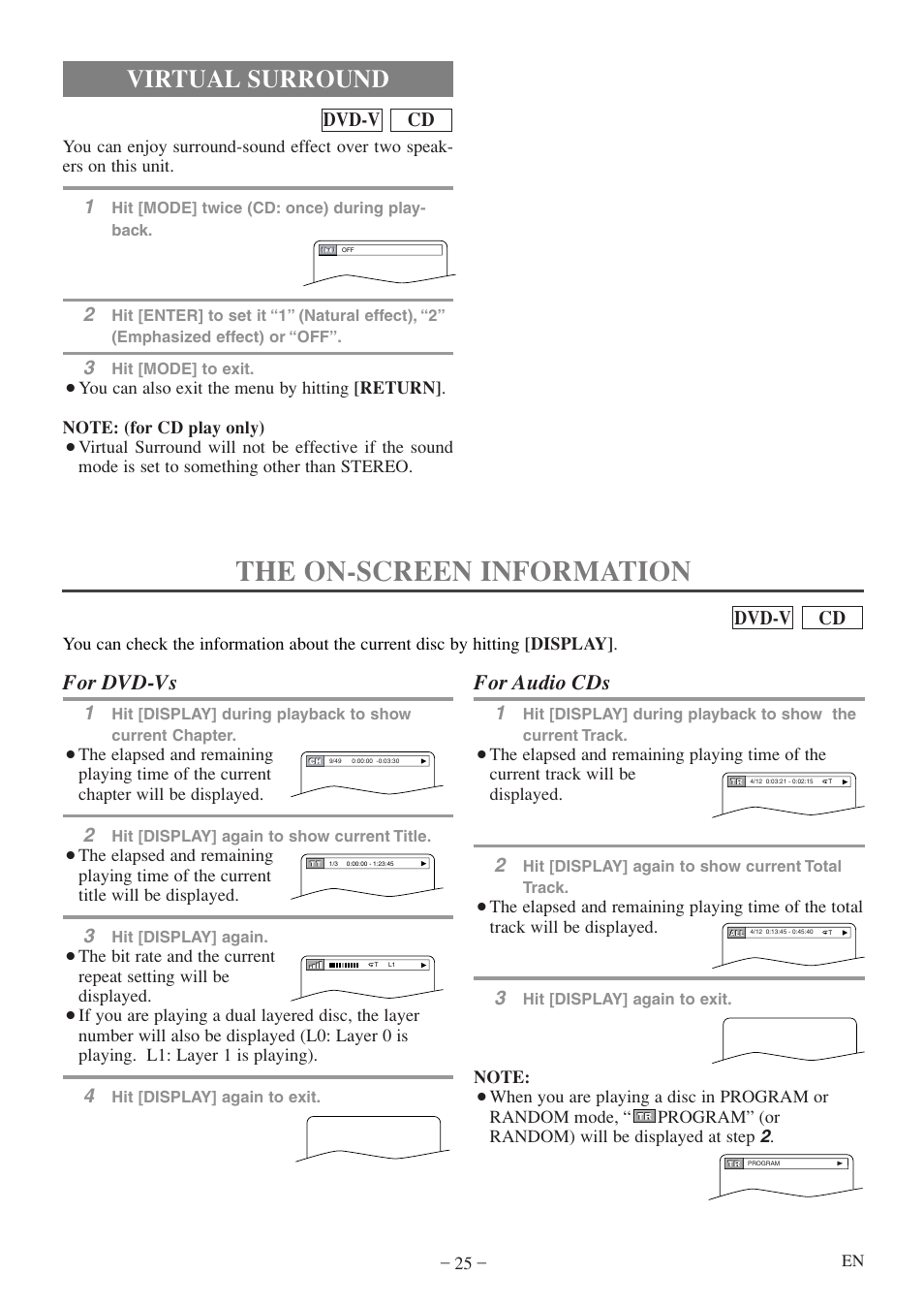 The on-screen information, Virtual surround, For dvd-vs | For audio cds, Cd dvd-v | FUNAI MWC13D5df User Manual | Page 25 / 40