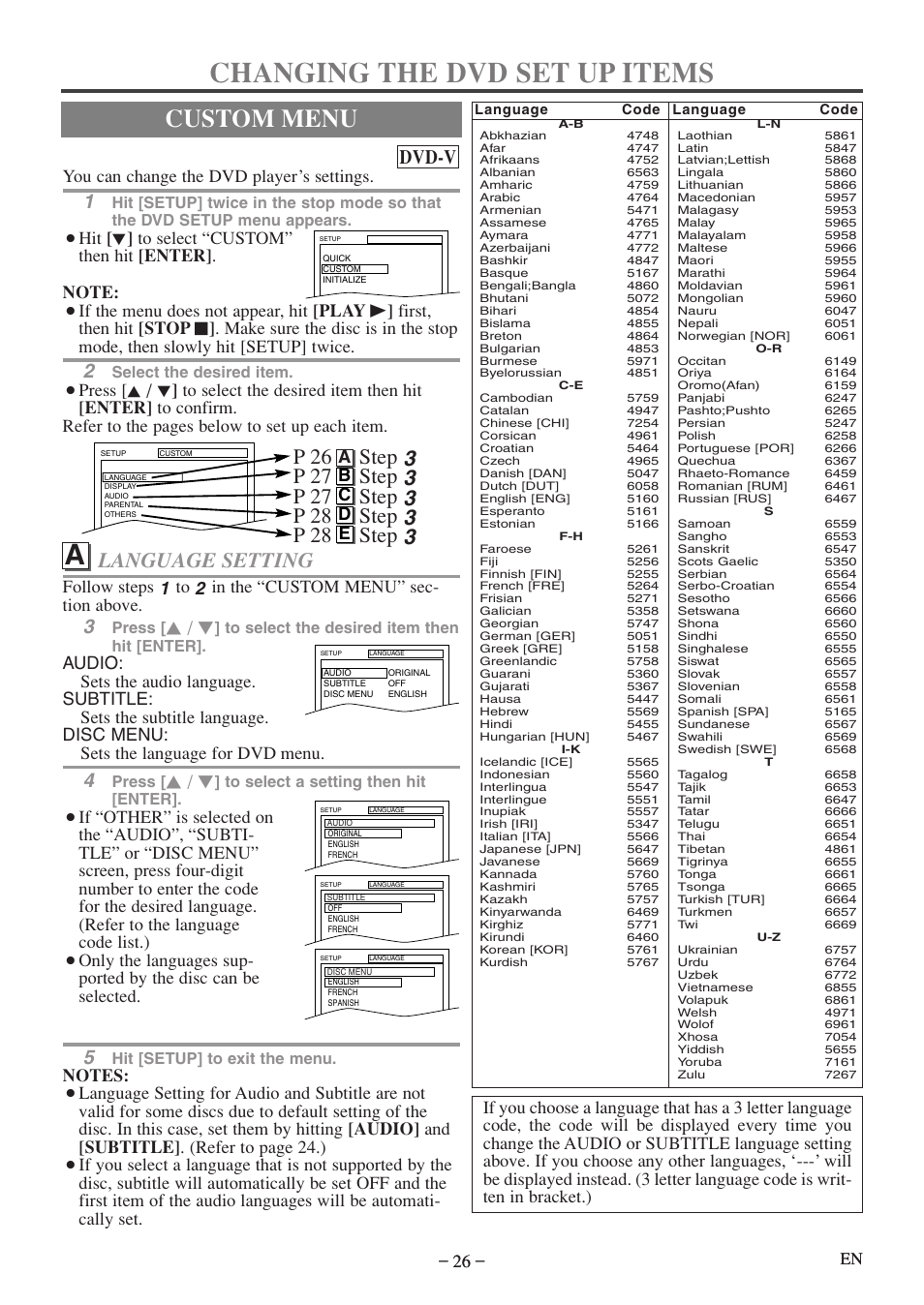 Changing the dvd set up items, Custom menu, Language setting | Dvd-v, You can change the dvd player’s settings, Ab c d e, Select the desired item, Press, Hit [setup] to exit the menu | FUNAI MWC13D5df User Manual | Page 26 / 40