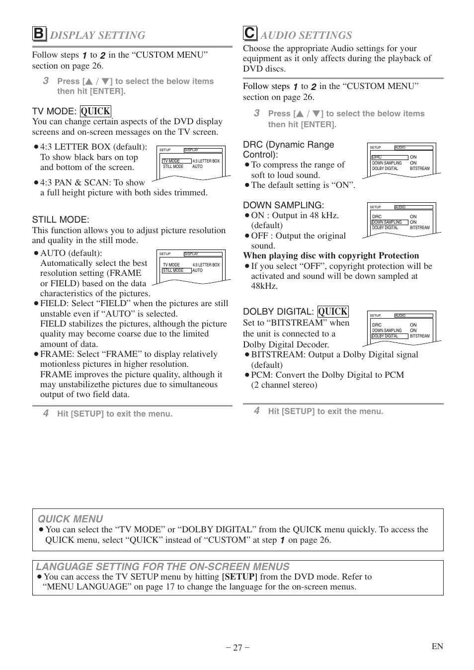 Audio settings, Display setting, Quick | Language setting for the on-screen menus, Quick menu | FUNAI MWC13D5df User Manual | Page 27 / 40