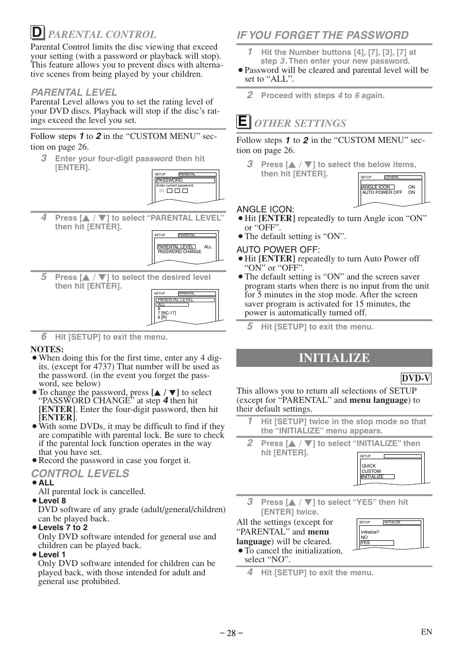 Initialize, Control levels, Parental control | If you forget the password, Other settings, Parental level, Dvd-v | FUNAI MWC13D5df User Manual | Page 28 / 40