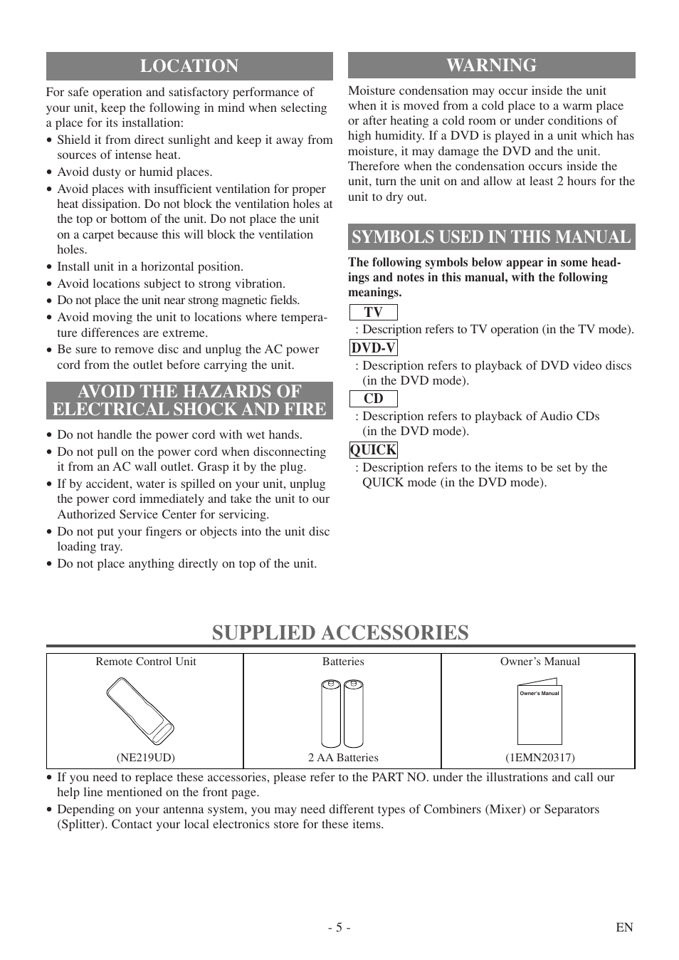 Supplied accessories, Warning, Symbols used in this manual | FUNAI MWC13D5df User Manual | Page 5 / 40
