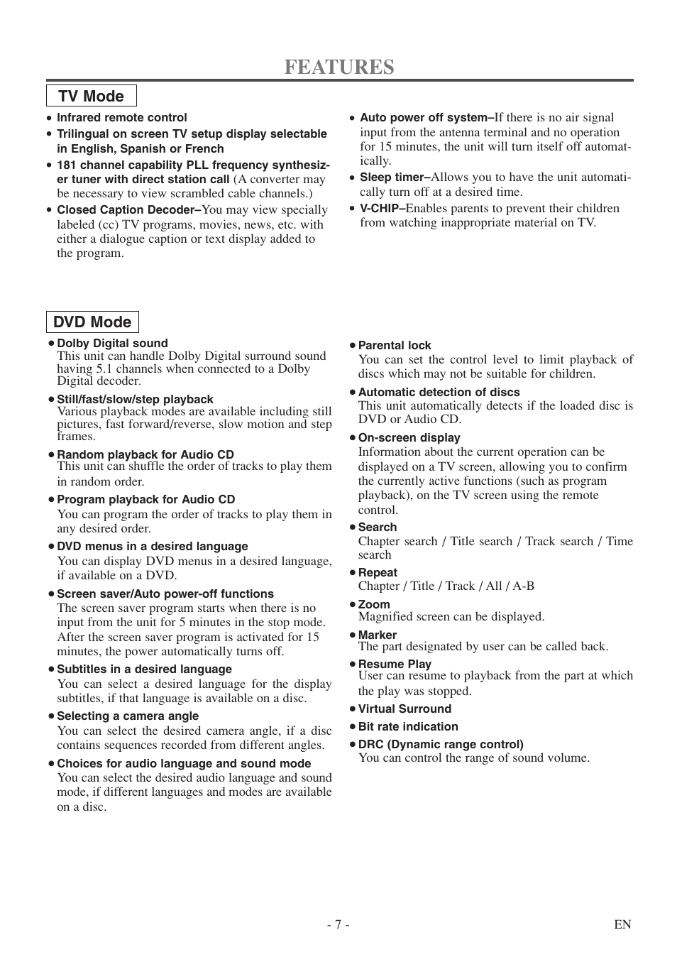 Features, Tv mode, Dvd mode | FUNAI MWC13D5df User Manual | Page 7 / 40