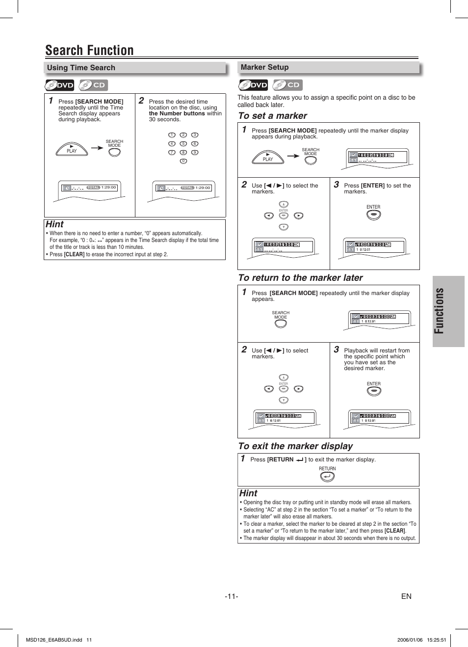 Search function, Functions, Hint | FUNAI MSD126 User Manual | Page 11 / 20