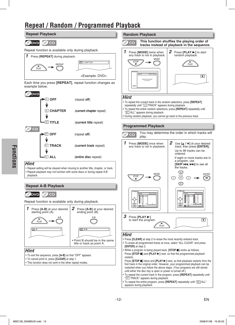 Repeat / random / programmed playback, Functions, Hint | FUNAI MSD126 User Manual | Page 12 / 20