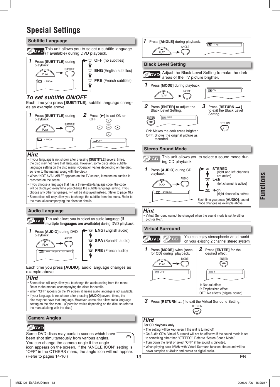 Special settings, Functions, Hint | FUNAI MSD126 User Manual | Page 13 / 20
