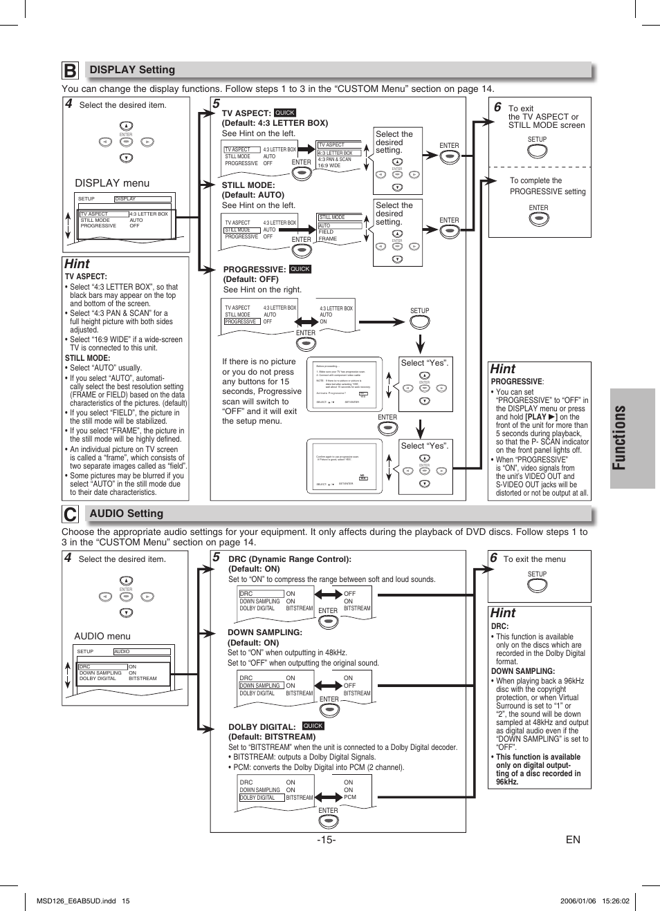 Functions, 5hint, Hint | Display setting, Audio setting, Display menu | FUNAI MSD126 User Manual | Page 15 / 20