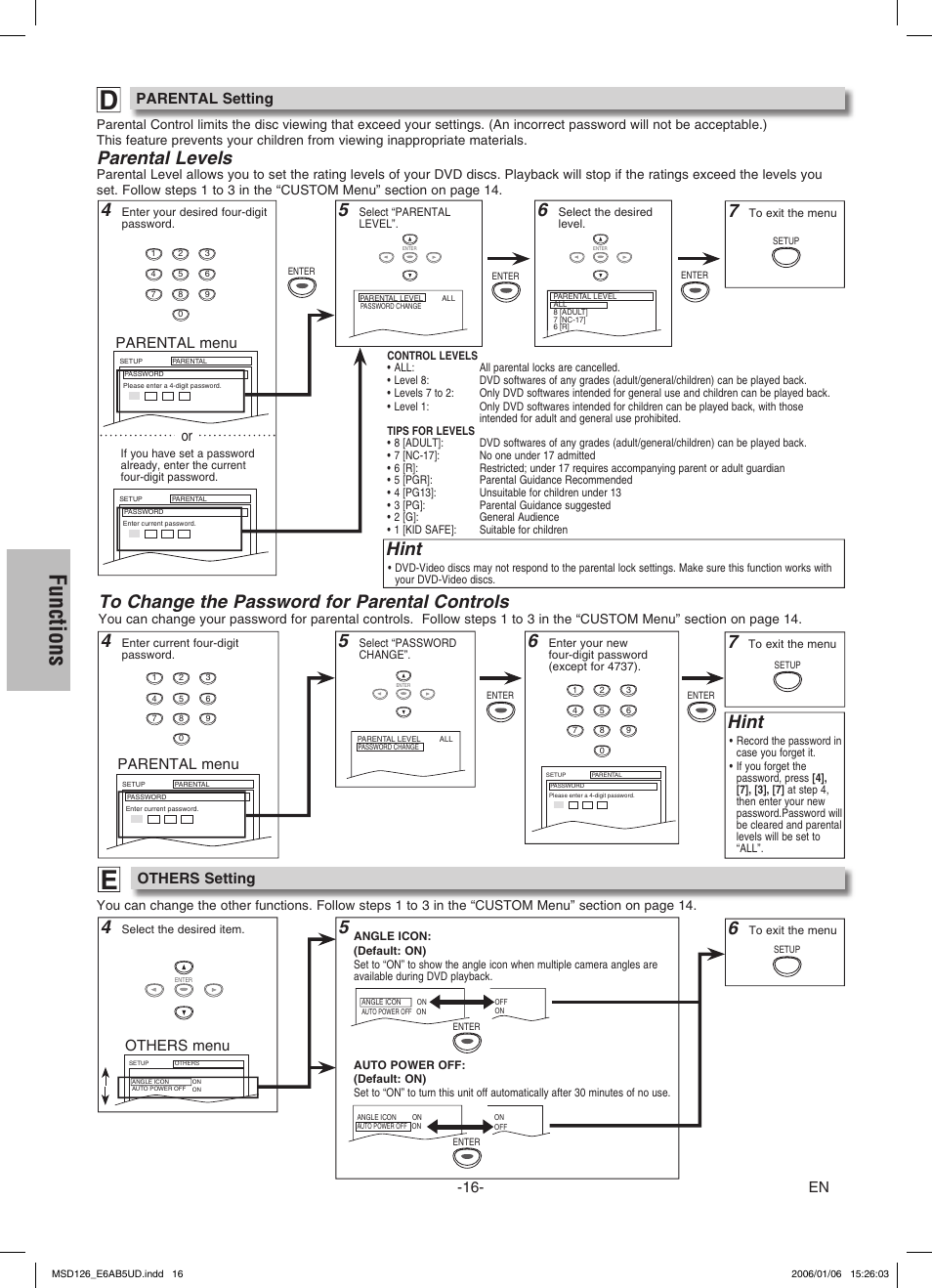 Functions, Hint, Parental levels | Parental setting, Parental menu, Others setting, Others menu | FUNAI MSD126 User Manual | Page 16 / 20