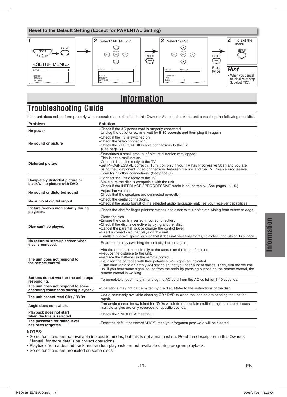Troubleshooting guide, Information, Hint | FUNAI MSD126 User Manual | Page 17 / 20
