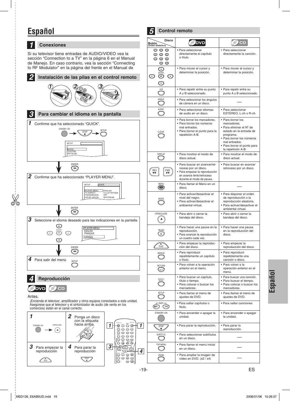 Español, Conexiones, Para cambiar el idioma en la pantalla | Reproducción, Instalación de las pilas en el control remoto, Control remoto | FUNAI MSD126 User Manual | Page 19 / 20