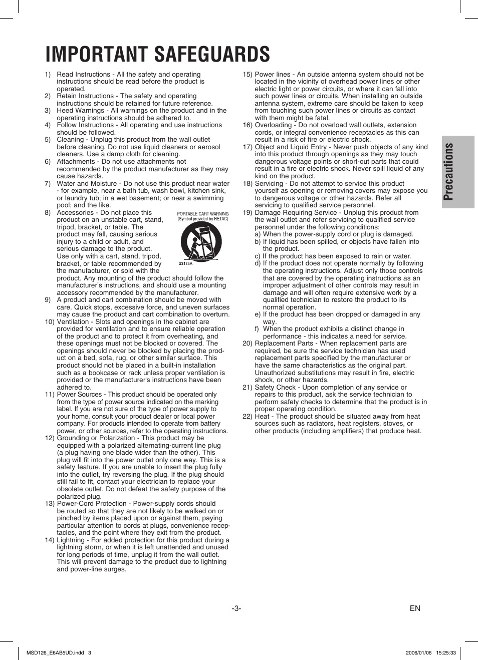 Important safeguards, Precautions | FUNAI MSD126 User Manual | Page 3 / 20
