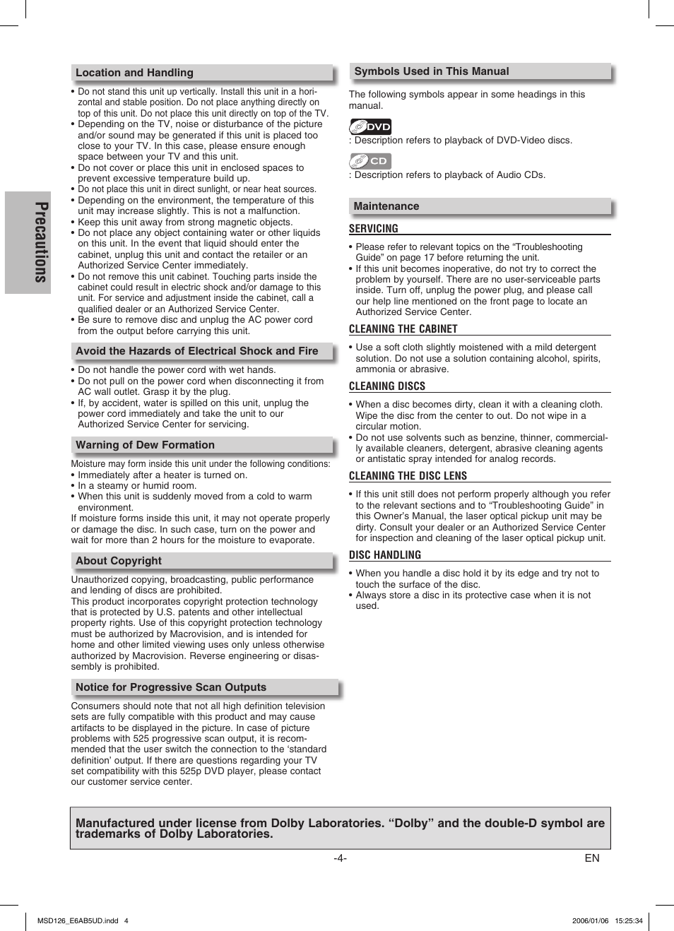 Precautions | FUNAI MSD126 User Manual | Page 4 / 20