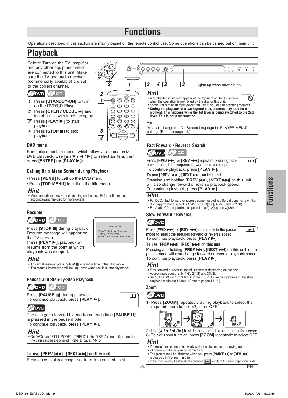 Functions, Playback, Hint | En resume, Slow forward / reverse, Fast forward / reverse search, Dvd menu, Calling up a menu screen during playback, Zoom, Paused and step-by-step playback | FUNAI MSD126 User Manual | Page 9 / 20