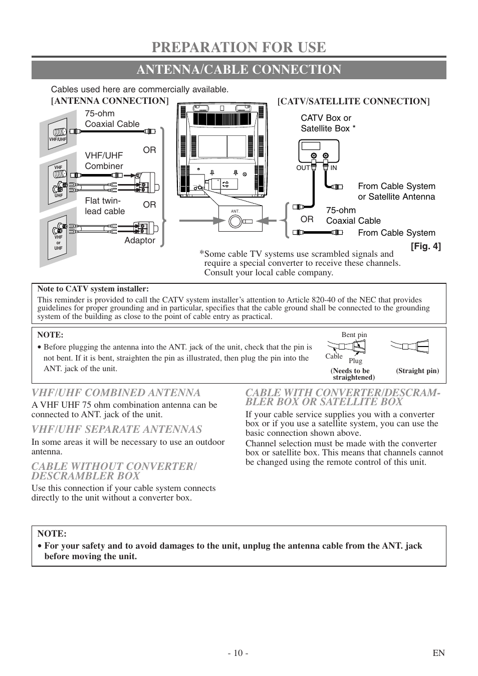 Preparation for use, Antenna/cable connection, Vhf/uhf combined antenna | Vhf/uhf separate antennas, Cable without converter/ descrambler box | FUNAI MSD513F User Manual | Page 10 / 40