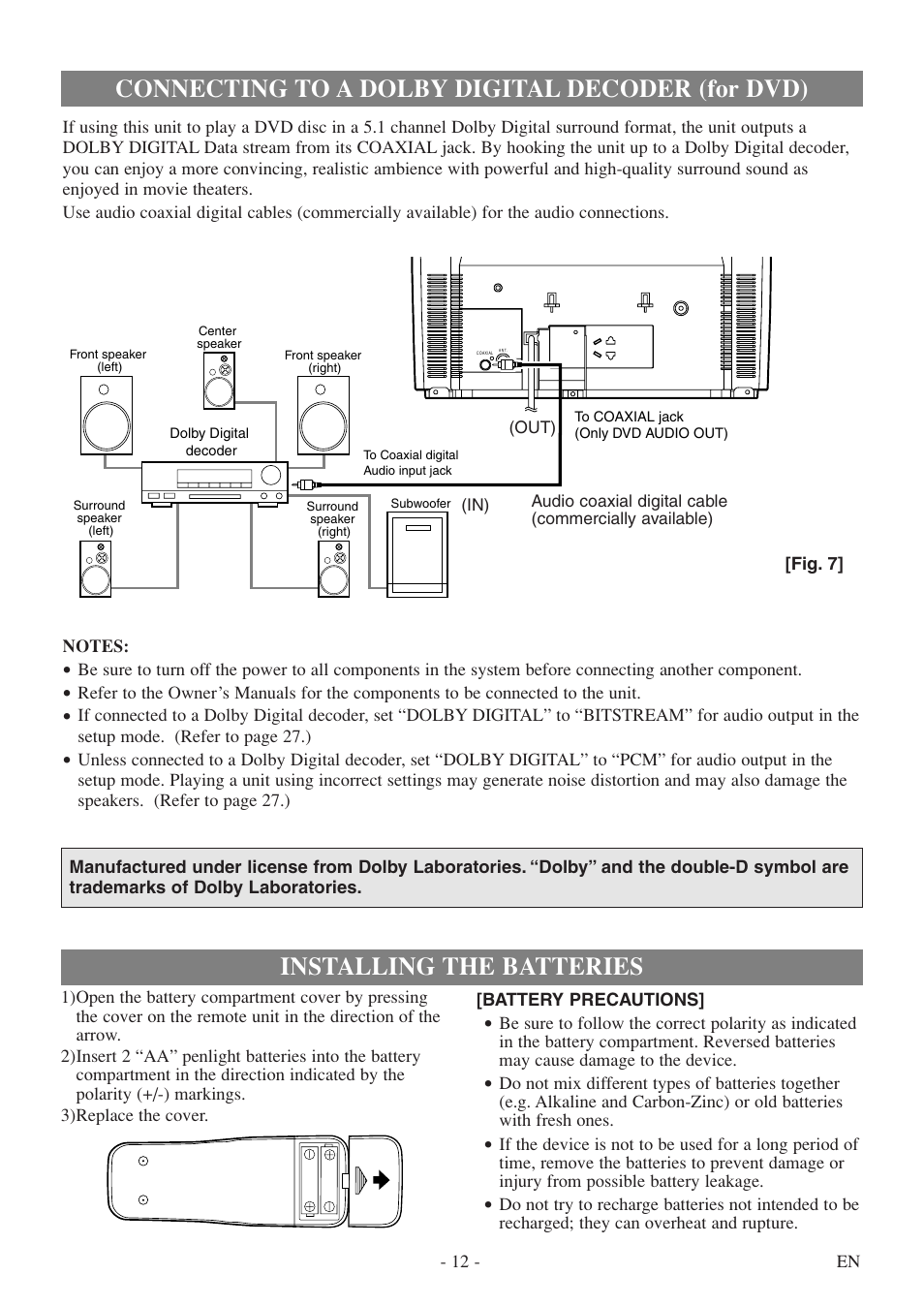 Connecting to a dolby digital decoder (for dvd), Installing the batteries | FUNAI MSD513F User Manual | Page 12 / 40