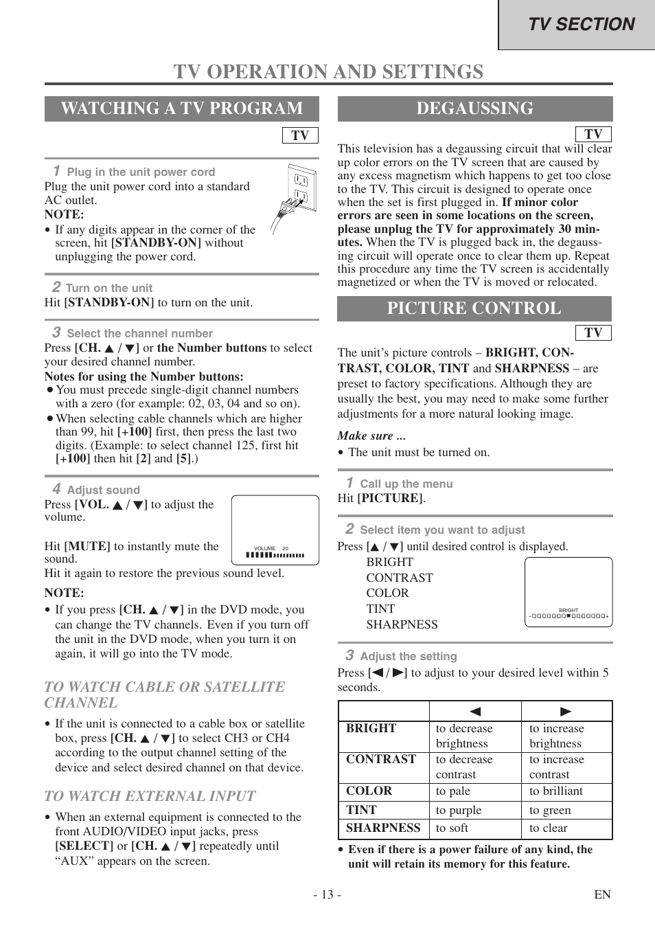 Tv operation and settings, Degaussing, Watching a tv program | Picture control | FUNAI MSD513F User Manual | Page 13 / 40