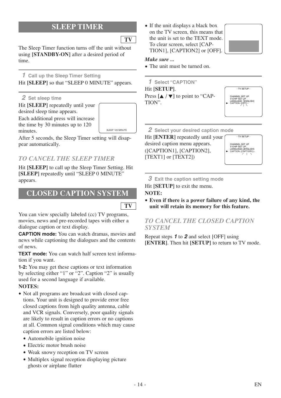 Closed caption system, Sleep timer | FUNAI MSD513F User Manual | Page 14 / 40