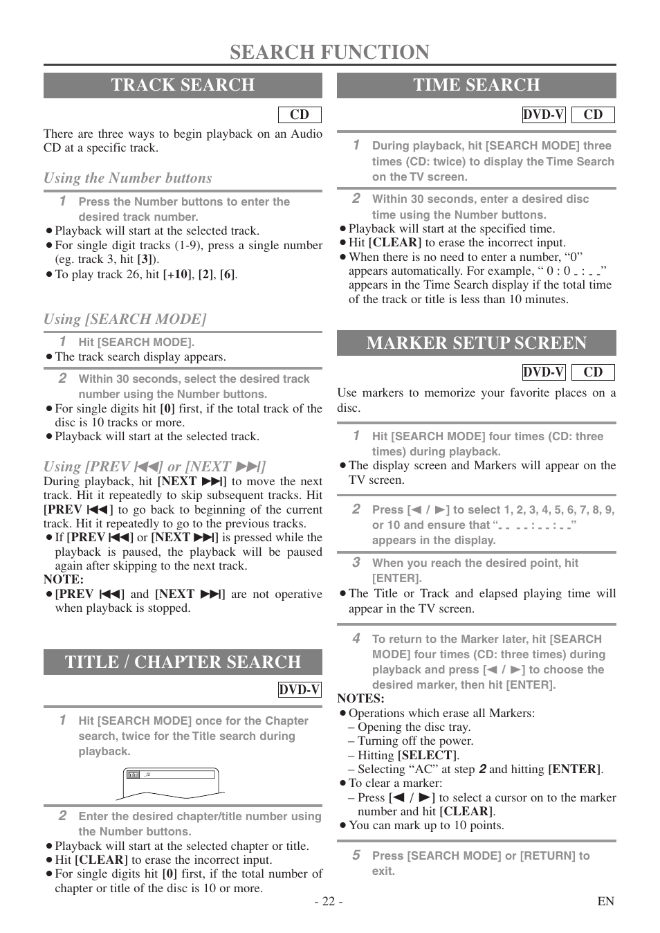 Search function, Track search, Title / chapter search | Time search, Marker setup screen, Using the number buttons, Using [search mode, Using [prev h ] or [next g | FUNAI MSD513F User Manual | Page 22 / 40